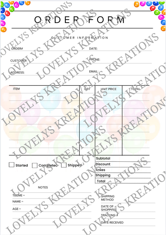 Order Form For Party Favors